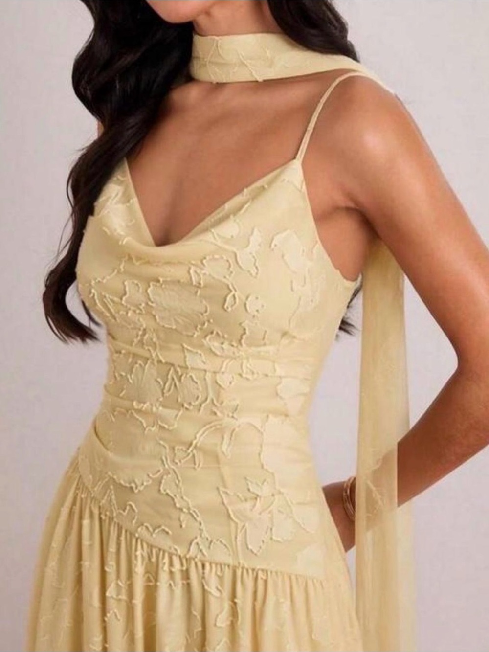 Pale Yellow Strapless Cowl Neck Maxi Dress with Scarf Detail